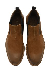 Bottes chelsea en cuir marron avec des panneaux élastiques sur les côtés, texture lisse, bout rond et coutures autour de la semelle.