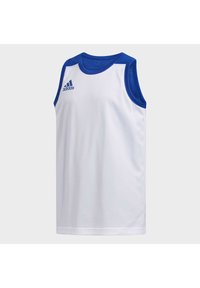Camiseta atlética blanca sin mangas con acentos y collar azul. Presenta una textura suave y un logo bordado en la parte superior izquierda.