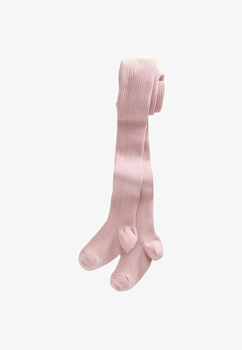 Gestreifte rosa Strumpfhosen mit glatter Textur, ausgestattet mit abgerundeten Zehen- und Fersenbereichen, geeignet für Kinderbekleidung.