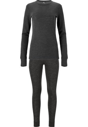 Thermalset met een lange mouwen top en leggings in donkergrijs. Gemaakt van zacht, lichtgewicht materiaal met rekbare textuur en een aansluitend ontwerp.