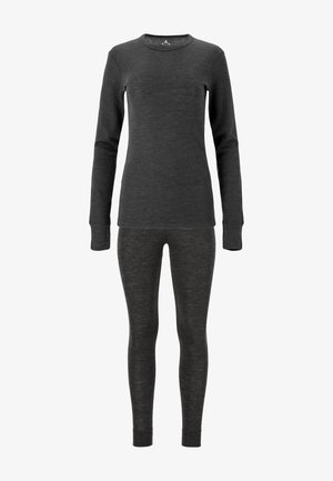Conjunto térmico que incluye una camiseta de manga larga y leggings en gris oscuro. Fabricado con material suave y ligero, con una textura elástica y un diseño ajustado.