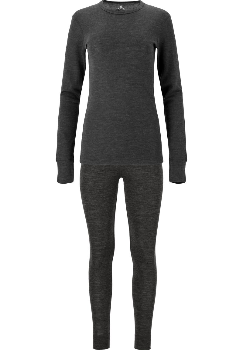 Set termico composto da una maglia a maniche lunghe e leggings grigio scuro. Realizzato in materiale morbido e leggero con una texture elasticizzata e design aderente.