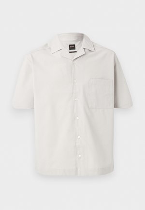 Short-sleeve light gray button-up shirt with a chest pocket and a folded collar, branded "BOSS" on the pocket and neck label.
