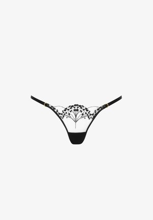 Black thong underwear with floral lace embroidery and adjustable side straps with gold-tone rings, on white background.