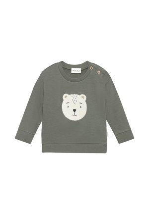 Green long-sleeve baby sweatshirt with a white bear face applique on the chest and two wooden buttons on the shoulder.