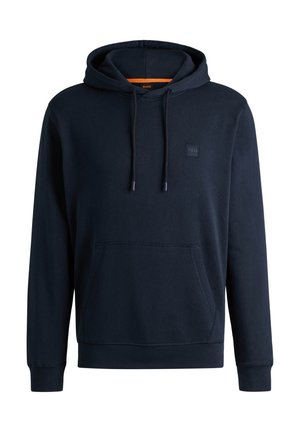 Navy blue hoodie made of cotton, featuring a kangaroo pocket, drawstring hood, and a square logo patch on the chest. Smooth texture.