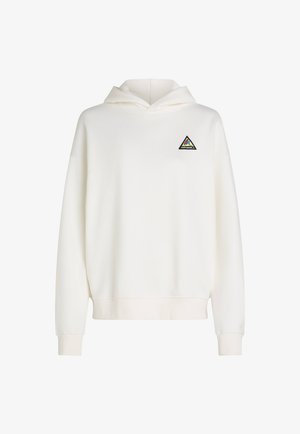 Bílá mikina s kapucí vyrobená z měkké látky. Na levé hrudi má logo černého trojúhelníku s barevnými akcenty. Ribbené manžety a lem.