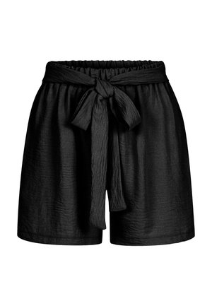 Schwarze High-Waist-Shorts aus strukturiertem Stoff mit einem breiten, vorne geknoteten Bindegürtel.
