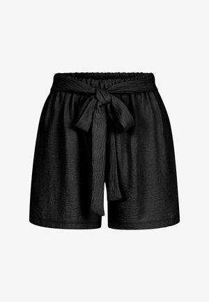 Zwarte high-waist shorts van textuurstof met een brede zelfbindriem die aan de voorkant is geknoopt.