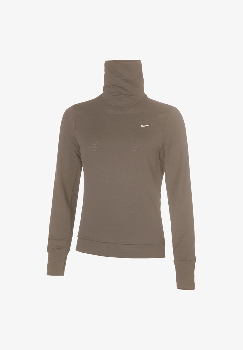 Brown long-sleeve top with a high neck, featuring a smooth texture, a fitted design, and a small white Nike logo on the upper left.