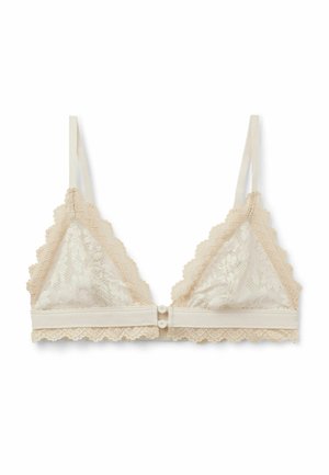 Cremefarvet blonde bralette med justerbare stropper, trekantskopper, bølgede kanter og dobbelt knaplukning foran på hvid baggrund.