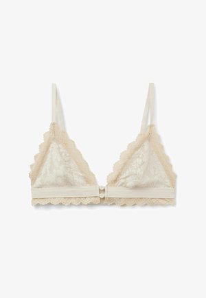 Cremefarvet blonde bralette med justerbare stropper, trekantskopper, bølgede kanter og dobbelt knaplukning foran på hvid baggrund.