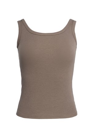 Ærmeløs taupe ribbet tanktop med brede skulderstropper og rund halsudskæring, vist på hvid baggrund.