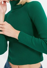 Rippenshirt in Grün mit langen Ärmeln und verkürztem Saum, aus einem strukturierten Stoff gefertigt, der eine figurbetonte Passform zeigt.