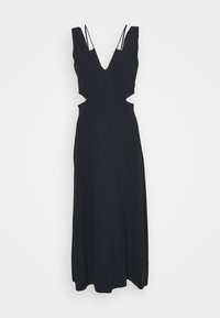 Robe longue noire sans manches avec un décolleté en V profond, des côtés découpés et de fines bretelles doubles, suspendue sur un fond blanc.