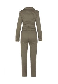 Salopette verde oliva con colletto, maniche lunghe, vita aderente e gambe affusolate. Presenta accentuazioni a bottoni e un tessuto morbido e resistente.