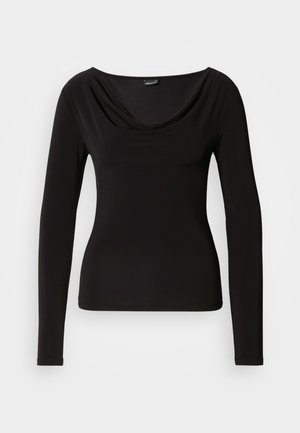 Black long-sleeve top with a draped cowl neckline, made of soft fabric, featuring a fitted design and minimal seams for a smooth appearance.