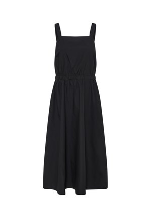 Vestido midi negro sin mangas con escote cuadrado y cintura elástica fruncida, hecho de tela ligera.
