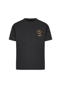 Schwarzes Baumwoll-T-Shirt mit Rundhalsausschnitt, auf der linken Brustseite mit einem kleinen goldenen Cartoon-Charakter-Design. Kurzarm, normale Passform.