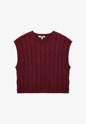 Burgunderfarbenes ärmelloses Stricktop mit einem strukturierten Zopfmuster, einem runden Ausschnitt und einem geraden Saum. Geeignet zum Layering.