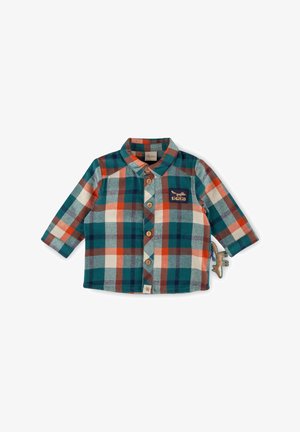 Camicia a maniche lunghe a quadri verdi e arancioni con bottoni in legno, colletto e una toppa con logo; include un dinosauro giocattolo appeso di lato.