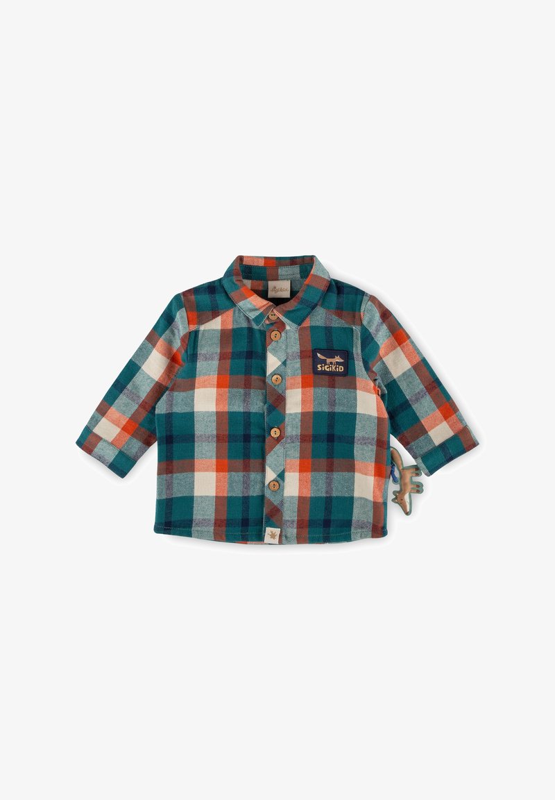 Camicia a maniche lunghe a quadri verdi e arancioni con bottoni in legno, colletto e una toppa con logo; include un dinosauro giocattolo appeso di lato.