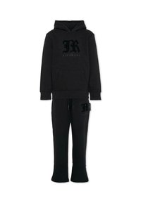 Zwarte hoodie met buidel, met de logo's "JR" en "RICHMOND". Bijpassende zwarte joggingsbroek met elastische tailleband en merktekent.