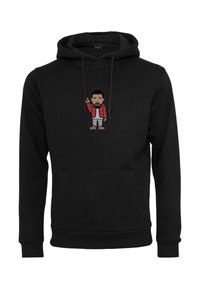 Zwarte hoodie met een cartoonafbeelding op de borst. Het materiaal is zacht en heeft een ruime buidelzak en een capuchon met trekkoord.