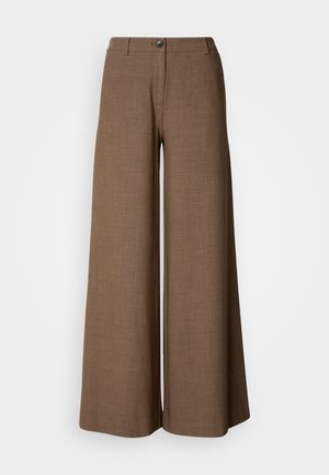 Wide-leg trousers in brown textured fabric, featuring a front button closure and smooth finish, designed for a relaxed fit.