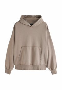 Sudadera beige con un bolsillo canguro, un cuello cruzado y puños acanalados. Tejido suave y texturizado con un ajuste relajado.