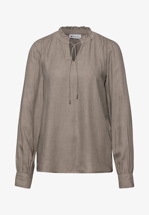 Taupekleurige blouse met lange mouwen, ruches aan de kraag en striksluiting bij de hals, met elastische manchetten, gemaakt van lichtgewicht textuurstof.