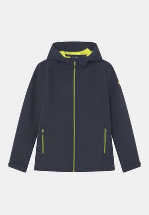 Veste à capuche bleu marine avec fermeture éclair et détails de poche vert lime, manches longues et sangles de poignet réglables.