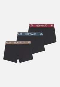 Tre par herrebokser i svart med kontrastfargede midjebånd: burgunder, turkis og beige, med "BUFFALO"-logoen.