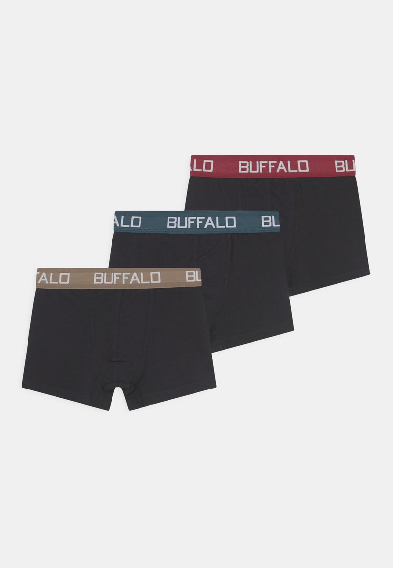 Tre par herrebokser i svart med kontrastfargede midjebånd: burgunder, turkis og beige, med "BUFFALO"-logoen.