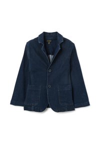 Blazer de denim azul oscuro con cuello de muesca, dos bolsillos frontales y dos botones. La tela tiene una textura suave con sutiles detalles de costura.