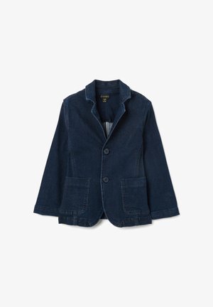 Blazer de denim azul oscuro con cuello de muesca, dos bolsillos frontales y dos botones. La tela tiene una textura suave con sutiles detalles de costura.