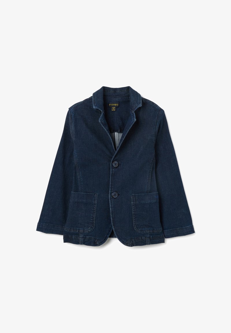 Blazer en denim bleu foncé avec un col cranté, deux poches avant et deux boutons. Le tissu a une texture lisse avec des détails de couture subtils.