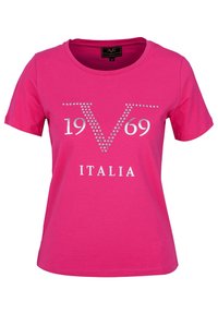 Pink t-shirt made of cotton, featuring a rounded neckline, short sleeves, and white printed text and rhinestones reading "1969 ITALIA."