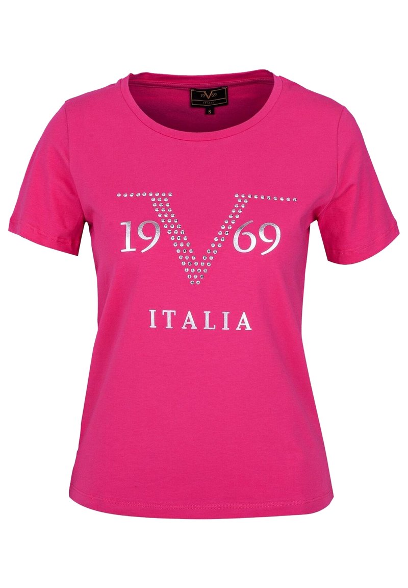 Pink t-shirt made of cotton, featuring a rounded neckline, short sleeves, and white printed text and rhinestones reading "1969 ITALIA."