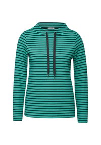 Hoodie rayé en teal et noir, présentant une coupe décontractée, des manches longues et une capuche à cordon avec des accents noirs. Le matériau semble texturé.