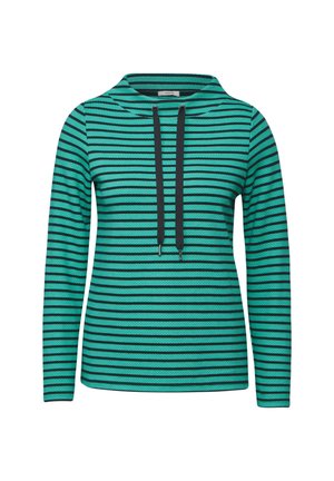 Hoodie rayé en teal et noir, présentant une coupe décontractée, des manches longues et une capuche à cordon avec des accents noirs. Le matériau semble texturé.