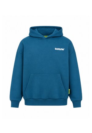Felpa con cappuccio blu con tasca frontale e logo bianco "BARROW" sul petto, polsini e orlo a costine, e una targhetta gialla sulla cucitura laterale.