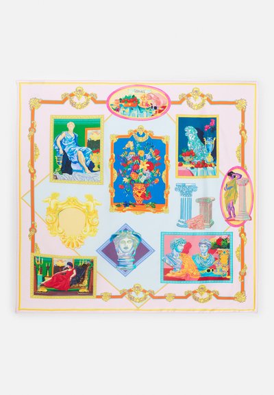 Foulard en soie présentant des cadres colorés avec des œuvres classiques, des vases fleuris et des accents ornementaux dans des tons de rose, bleu, vert et or.