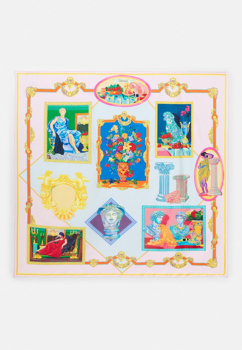Seidenschal mit bunten Rahmen, die klassische Kunstwerke, Blumenvasen und ornamentale Akzente in rosa, blau, grün und goldenen Tönen zeigen.