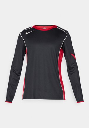 Dugim rukavima sportska majica od crne tkanine, sa crvenim detaljima, bijelim obrubom i blagim mrežastim dizajnom uz bokove za prozračnost.