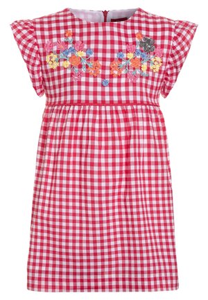 Rotes und weißes Vichy-Kleid mit kurzen, gerafften Ärmeln und bunter Blumenstickerei über der Brust.