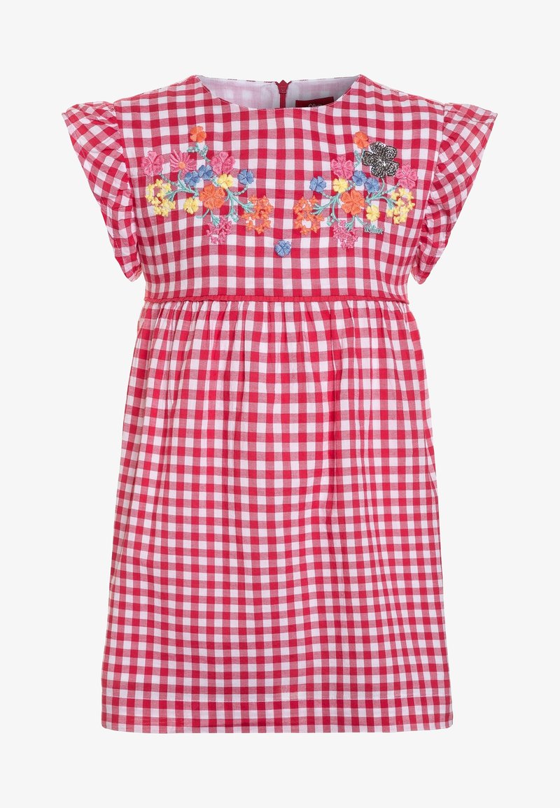 Czerwona i biała sukienka w kratę gingham, z krótkimi falbankowanymi rękawkami i kolorową, kwiatową haftowaną dekoracją na wysokości klatki piersiowej.