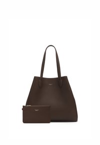 Brown leather tote bag with smooth texture, featuring two shoulder straps and a zippered pouch in a matching design.