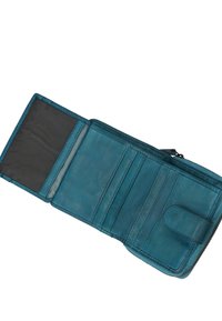 Lommebog i petrolblåt læder med lynlås, der har et kortlomme, et netvindue til ID og en glat indvendig tekstur. Kompakt og funktionelt design.