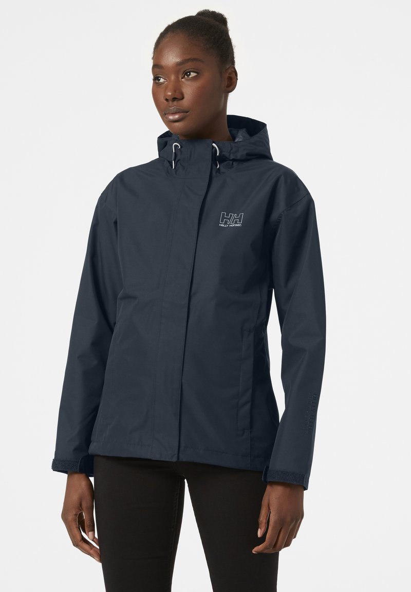 Navy waterproof jacket with a hood, featuring adjustable drawstrings and a logo on the chest. Smooth texture and tailored fit.